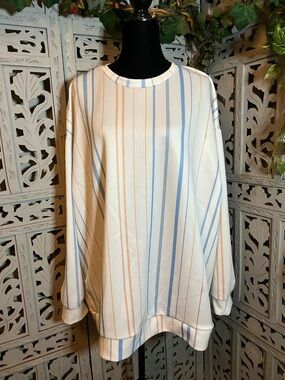 CASUAL COZY WHITE WITH TAN & BLUE STRIPES LONG SLEEVE SWEATSHIRT PLUS SIZE TOP